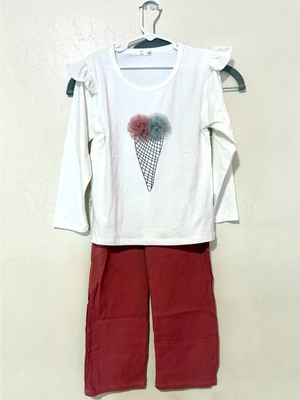 SHEIN White Long Sleeve Tee with Pink & Gray Tulle Ice Cream size 6